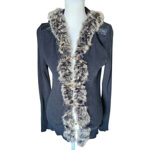 Boston Proper Ribbed Silk Blend Sweater Faux Fur Trim Gold Clasp Hooded M